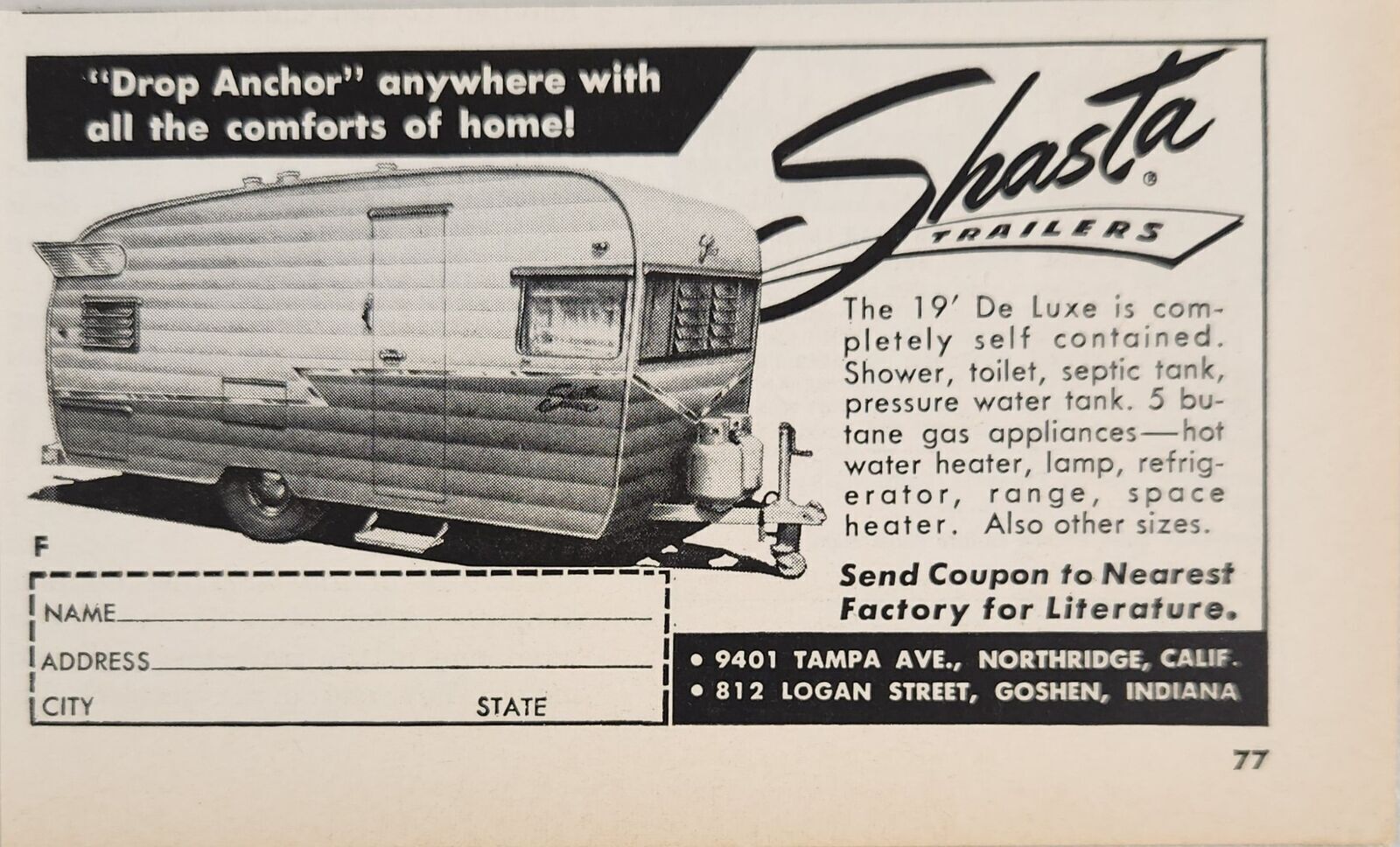 1961 Print Ad Shasta 19\' Deluxe Travel Trailers Northridge,CA & Goshen,Indiana