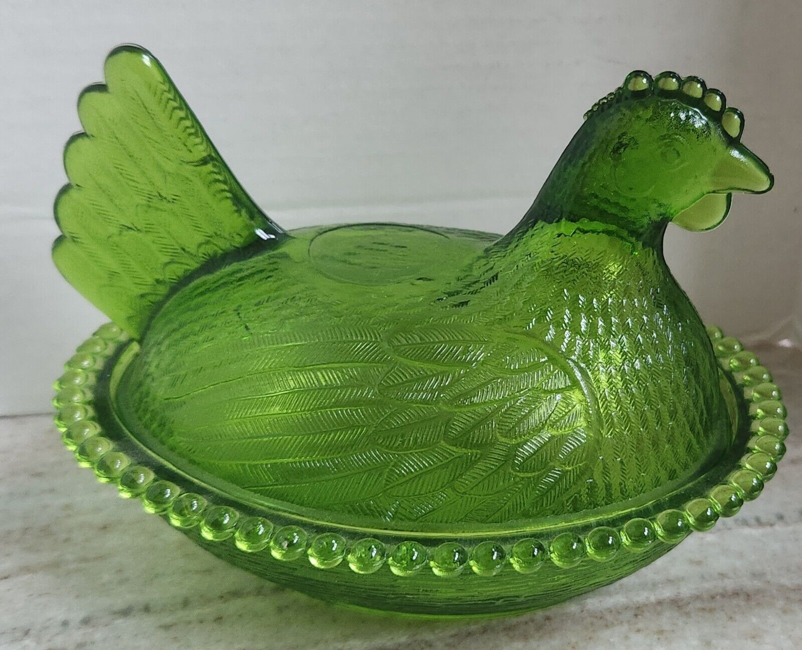 Vintage 60s MCM INDIANA GLASS Oval Green Glass Hen Chicken on Nest Dish