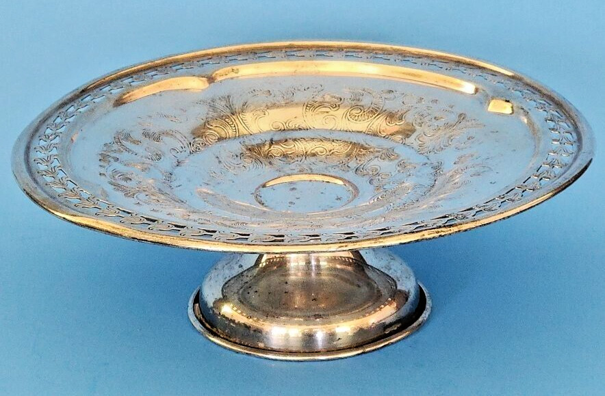 VINTAGE PIERCED SILVER PLATE COMPOTE FROM 1940’S NICE CONDITION