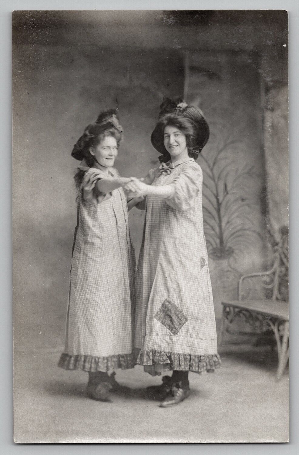 Antique RPPC Studio Real Photo Postcard Young Girls In Dancing Pose Dress Hat