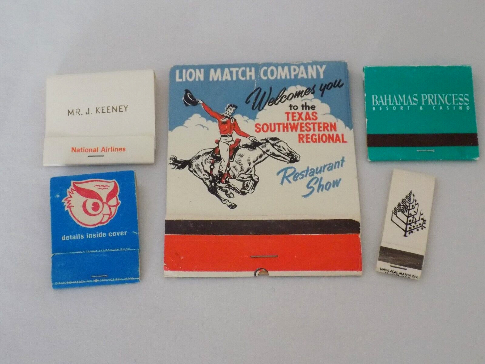 Five Vintage Matchbooks-Giant Lion Match Co./Natl. Airlines/Bahamas Resort/More