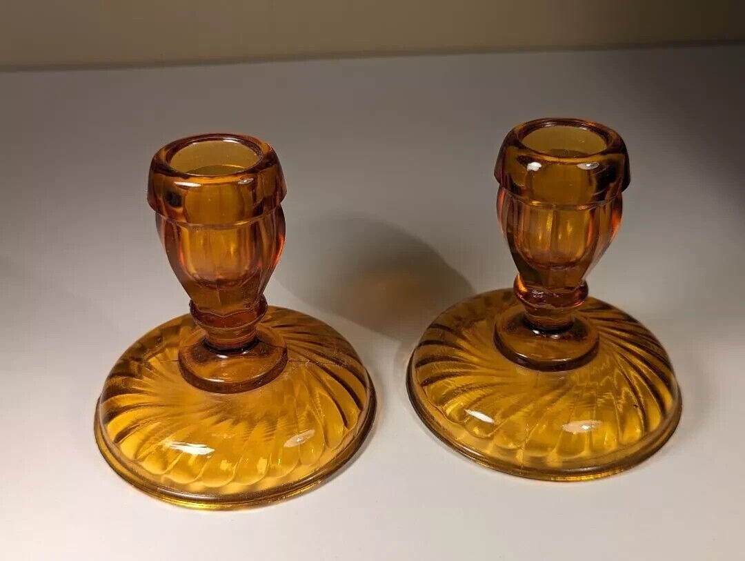 Pair of Vintage Honey Amber Glass Candle Holders - Excellent Condition NICE