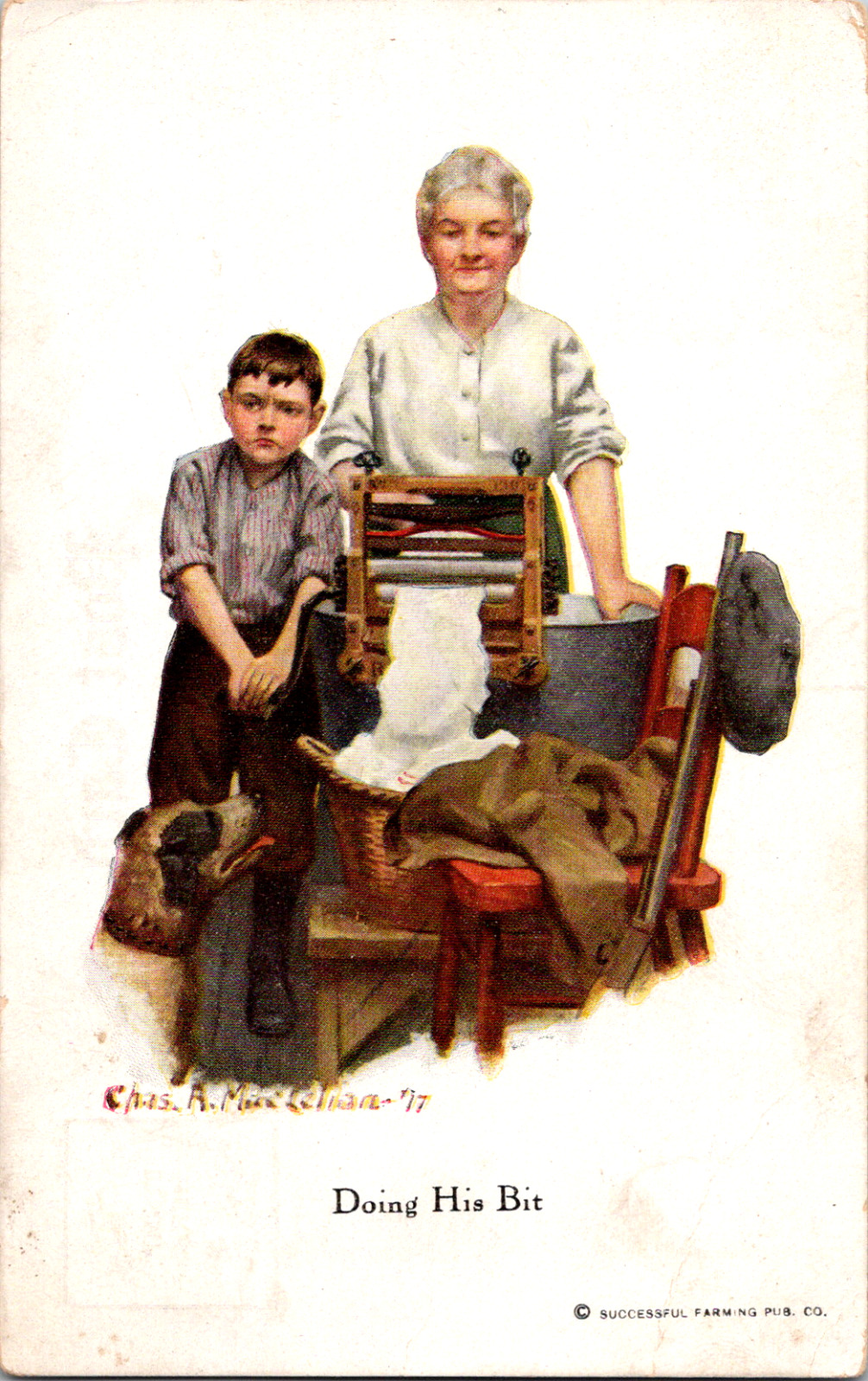 Vintage 1917 Artist/signed Chas MacLellan Successful Farming Boy Grandma Dog Gun