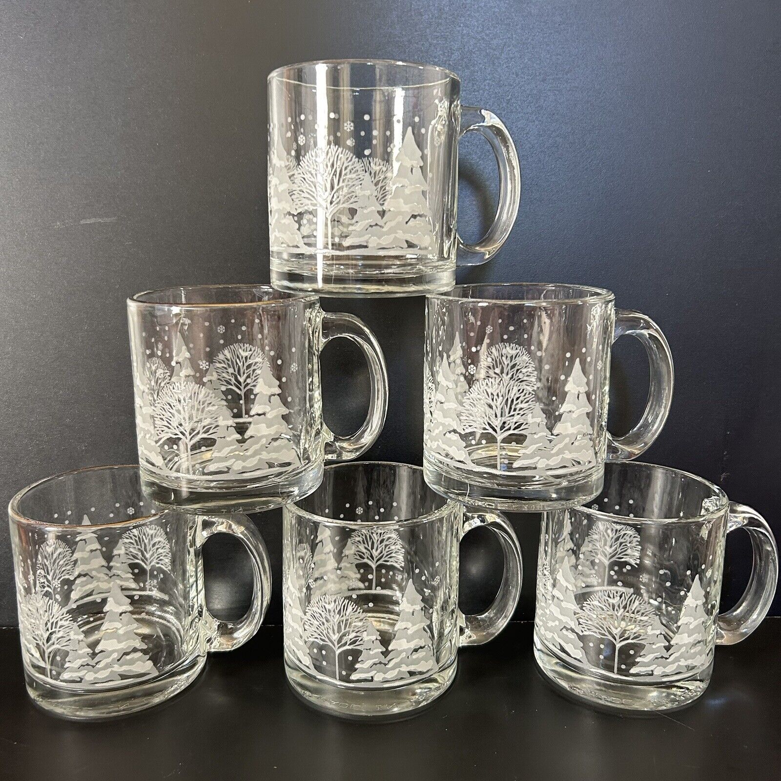 Lot Of 6 Christmas Winter Frosted Trees Glass Mug Cup Made in USA Libbey