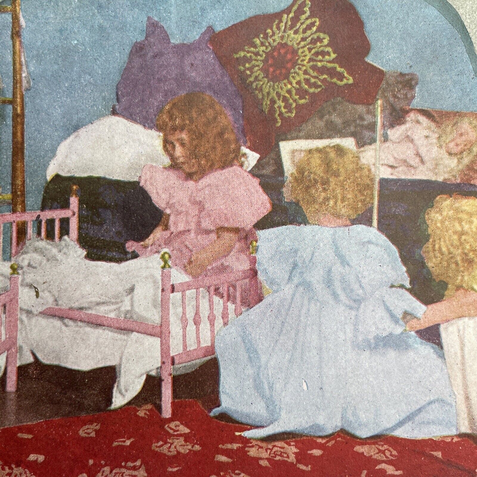 Antique 1892 Young Girls Having A Slumber Party Stereoview Photo Card P1235