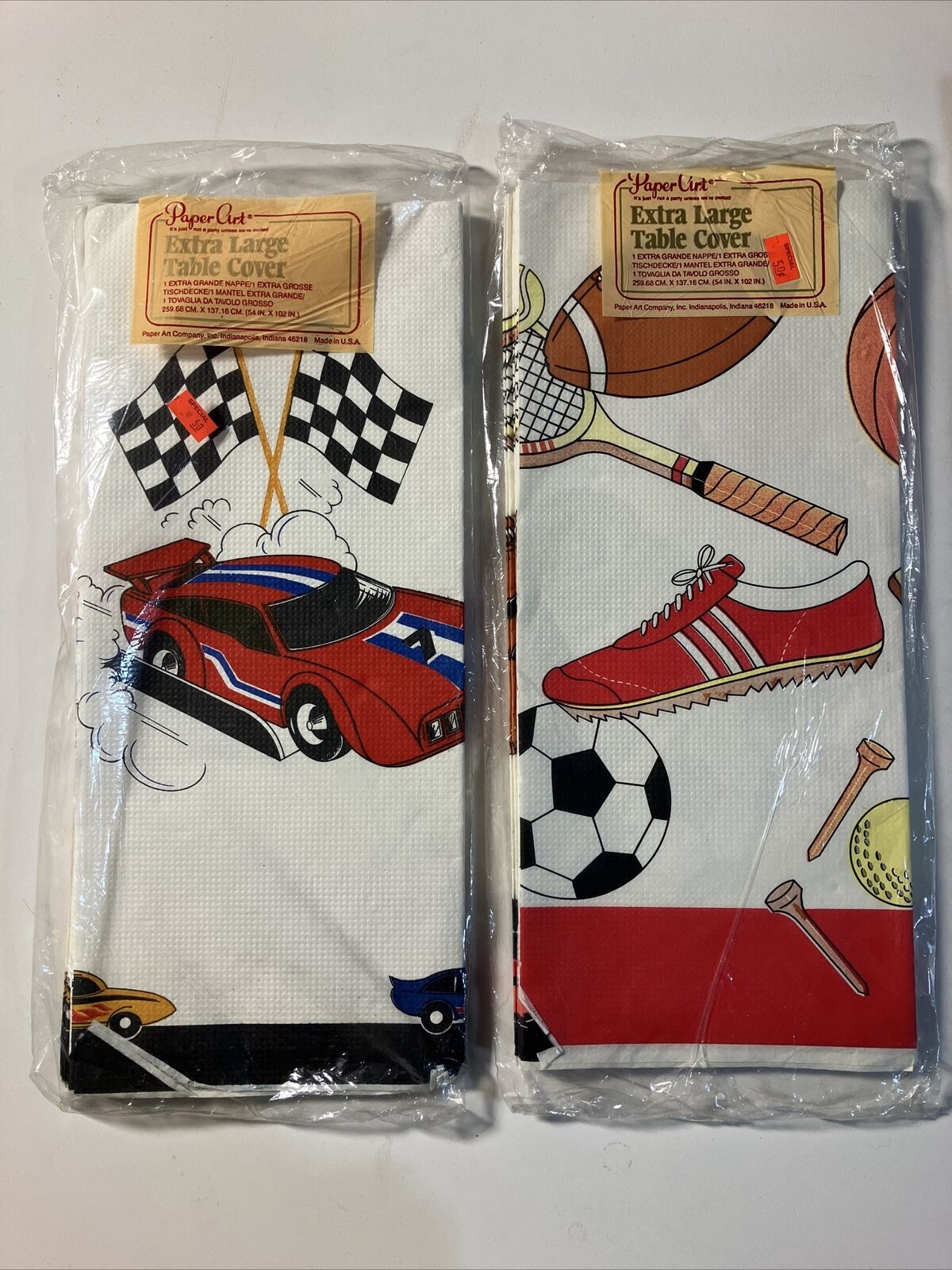 Lot Of 2 Vintage Paper Art Table Cloth Race Cars & Sports Soccer New 54\