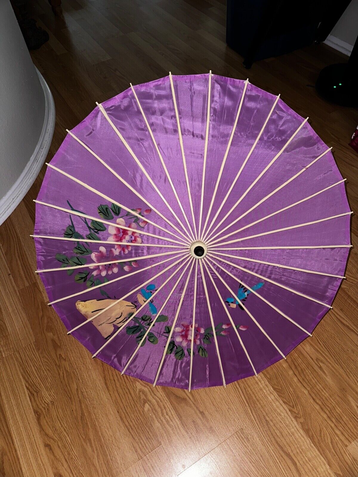 Vintage Asian Japanese Hand painted Silk Bamboo  Umbrella Parasol Dark Pink