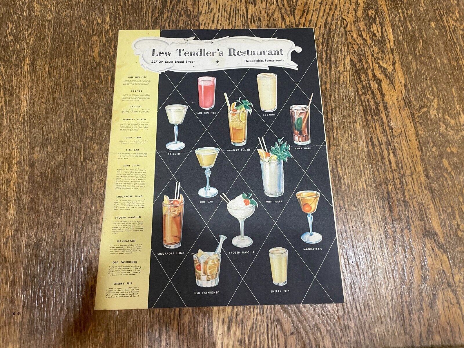 Lew Tendler\'s Restaurant Drinks Menu Philadelphia PA Philly 1950\'s Vintage MCM