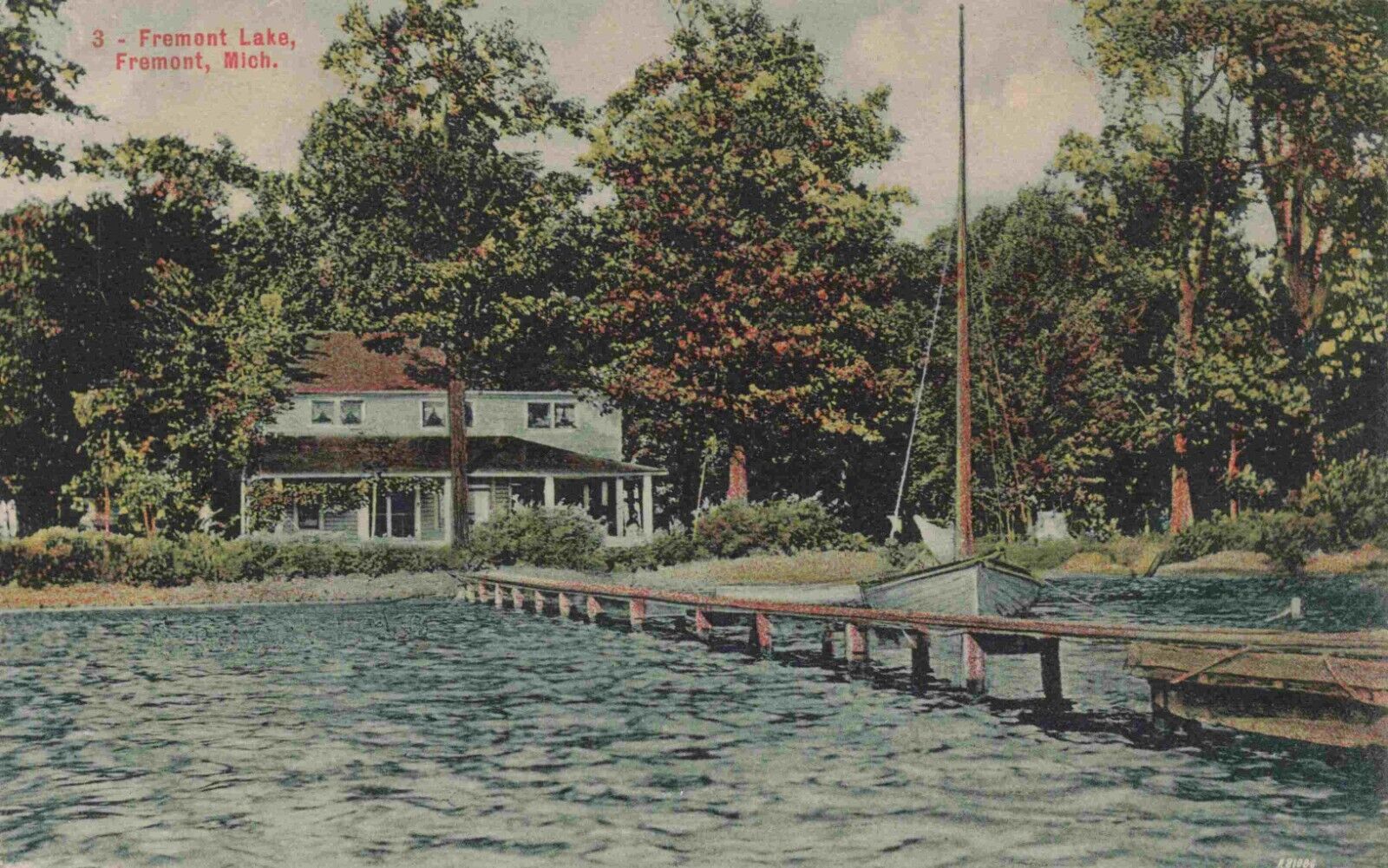 c1909 Fremont Lake House Newaygo County Michigan Sailboat Dock Vintage Postcard