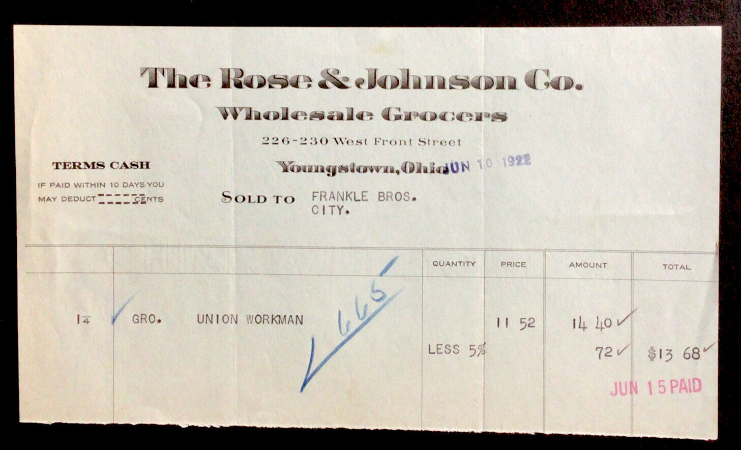 1922 Bill Head Youngstown Ohio The Ross & Johnson Co Wholesale Grocers #b9