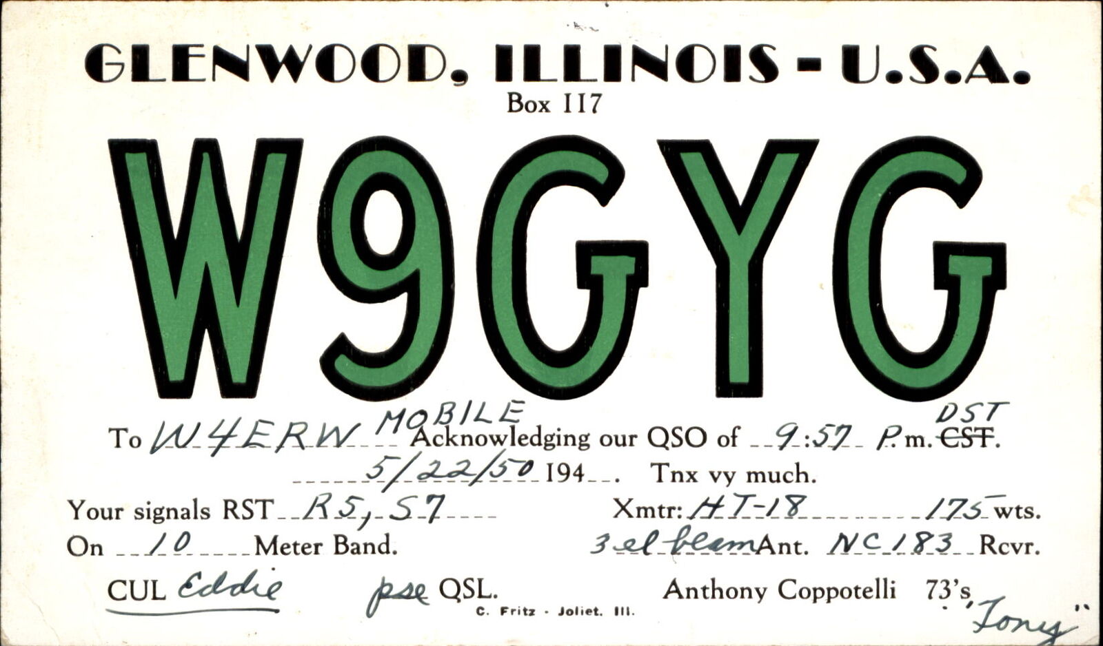 QSL Glenwood Illinois W9GYC ~ mailed 1950