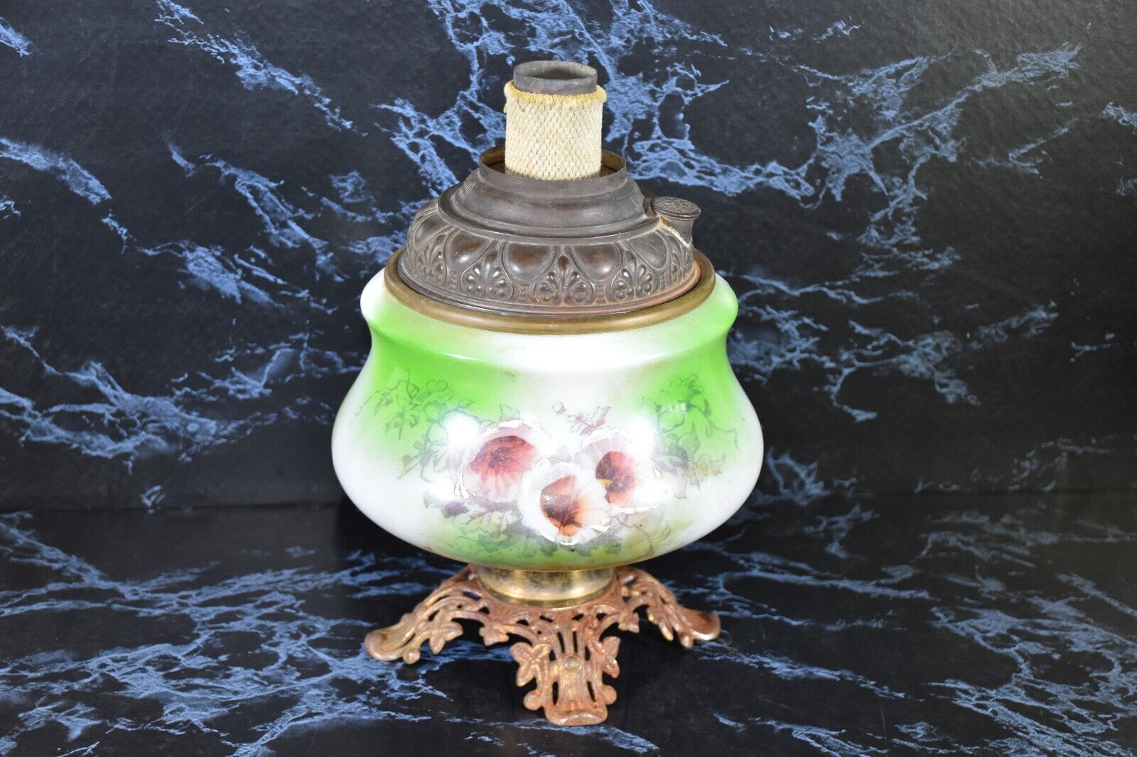 Antique Kerosene Oil Lamp Hand Painted Glass Font Base W/Burner & Cast Foot*