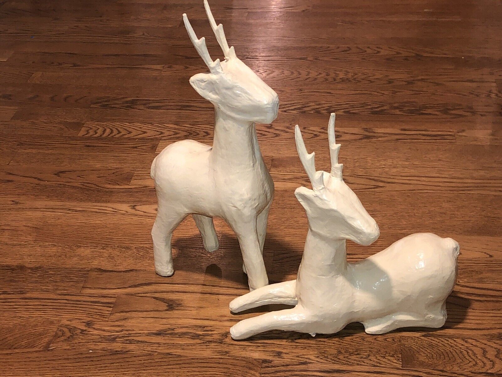 2 Vintage Unfinished Paper Mache Sitting & Standing Deer Premade Reindeer 12x16”