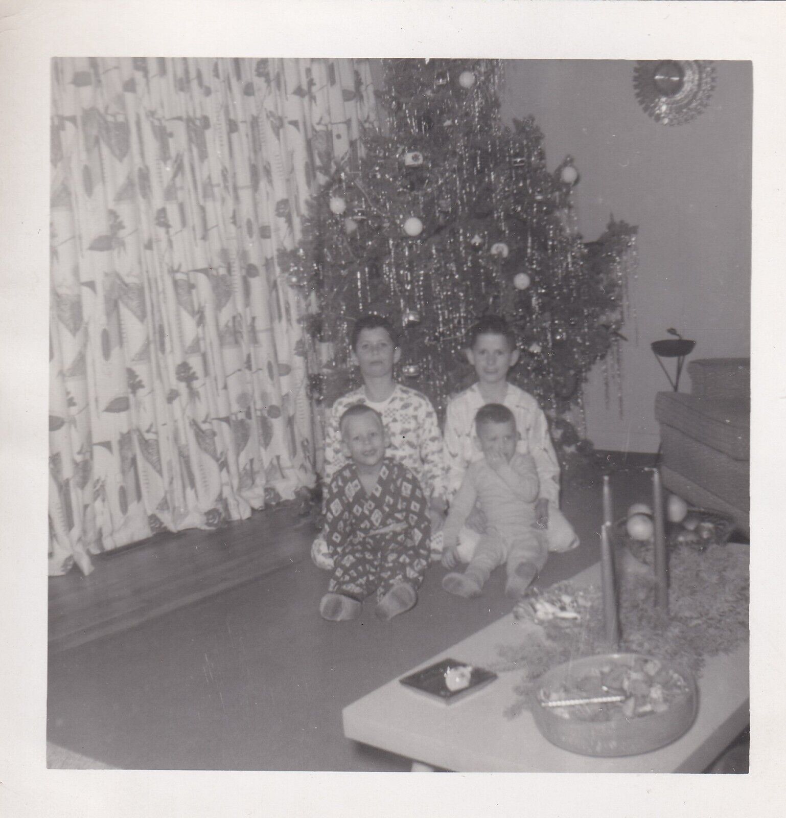 Vtg Found B&W Photo Children Christmas Boys Tree 1958 Retro Holidays Family MCM