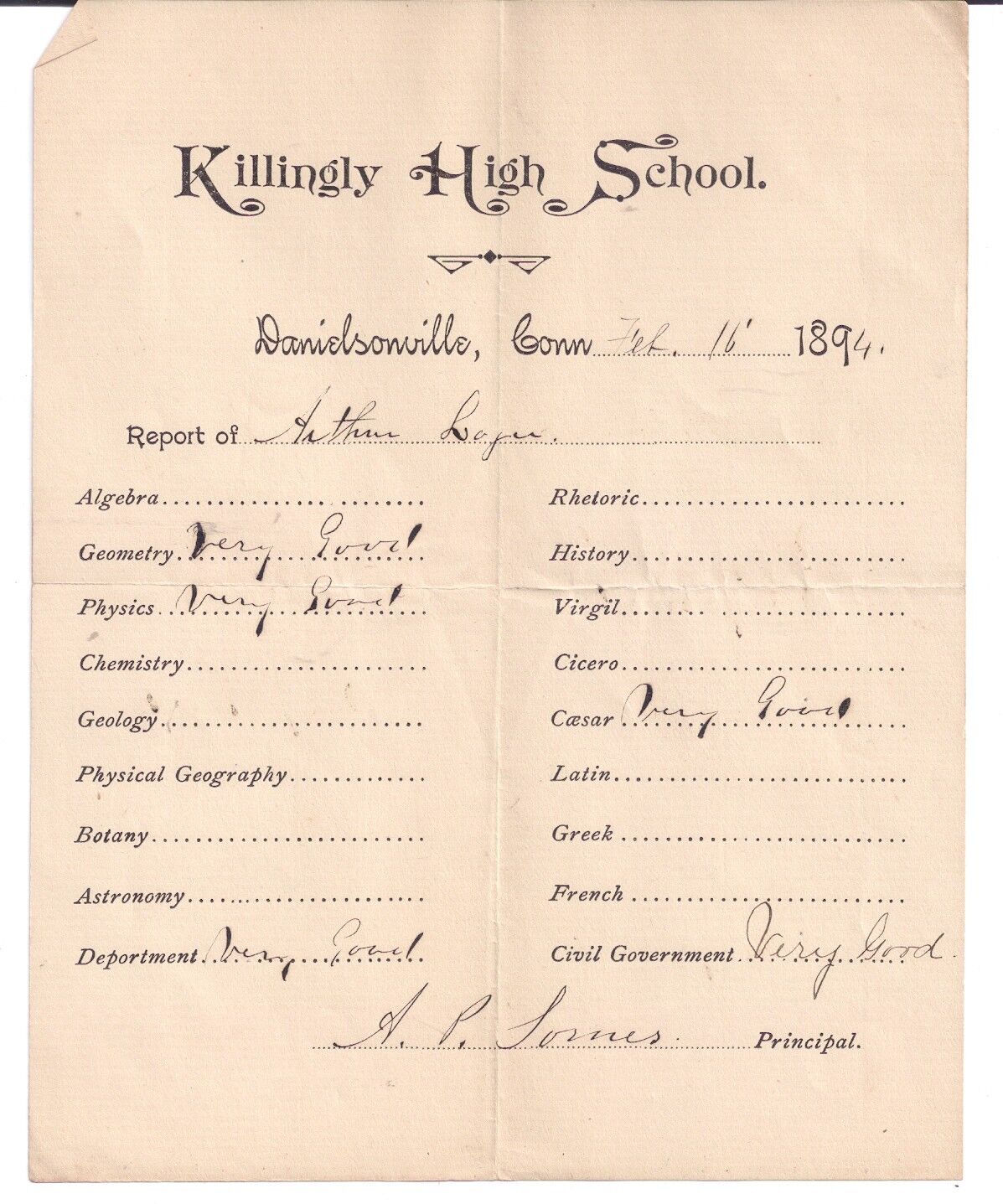 1894 Killingly High School Danielsonville Connecticut A. P. Somes Arthur Logee