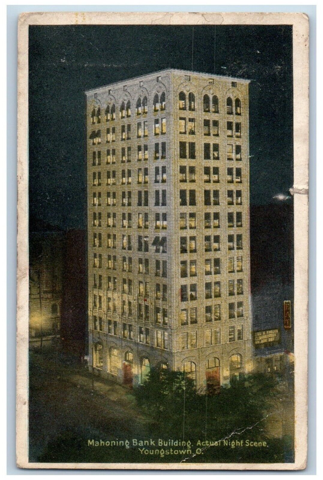 Youngstown Ohio OH Postcard Mahoning Bank Building Actual Night Scene 1918