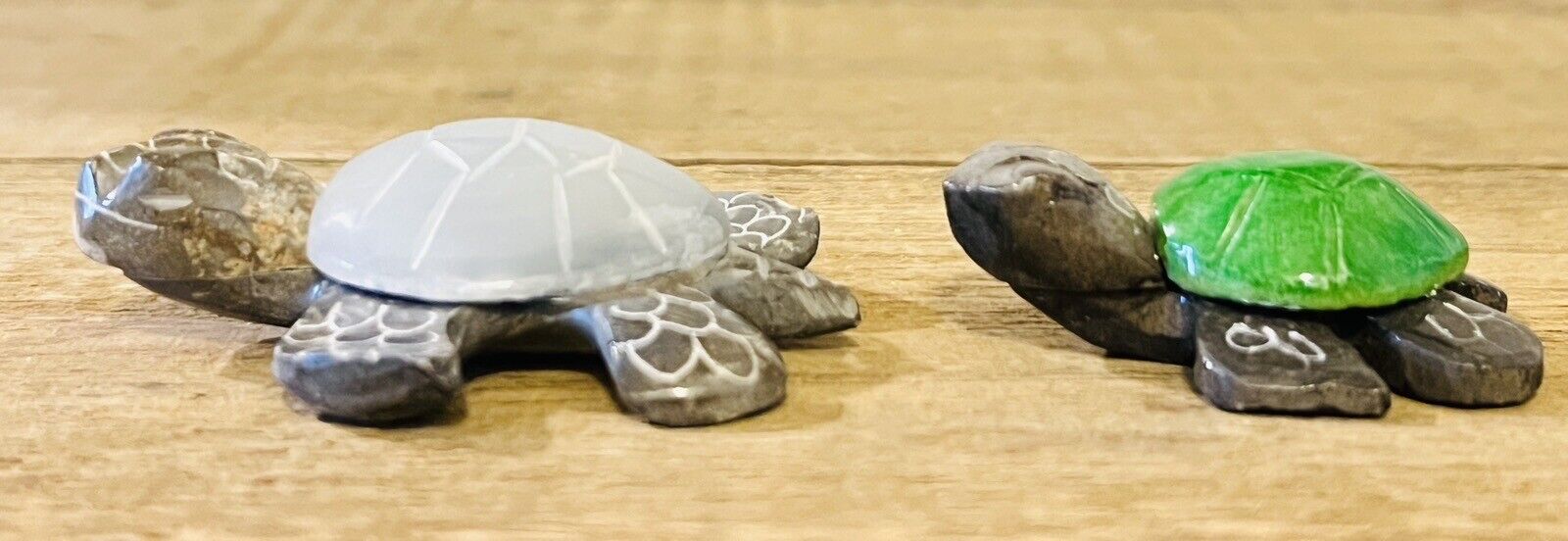 Set Of 2 Vintage Hand Carved Marble Stone Sea Turtle Figurines Green /Gray