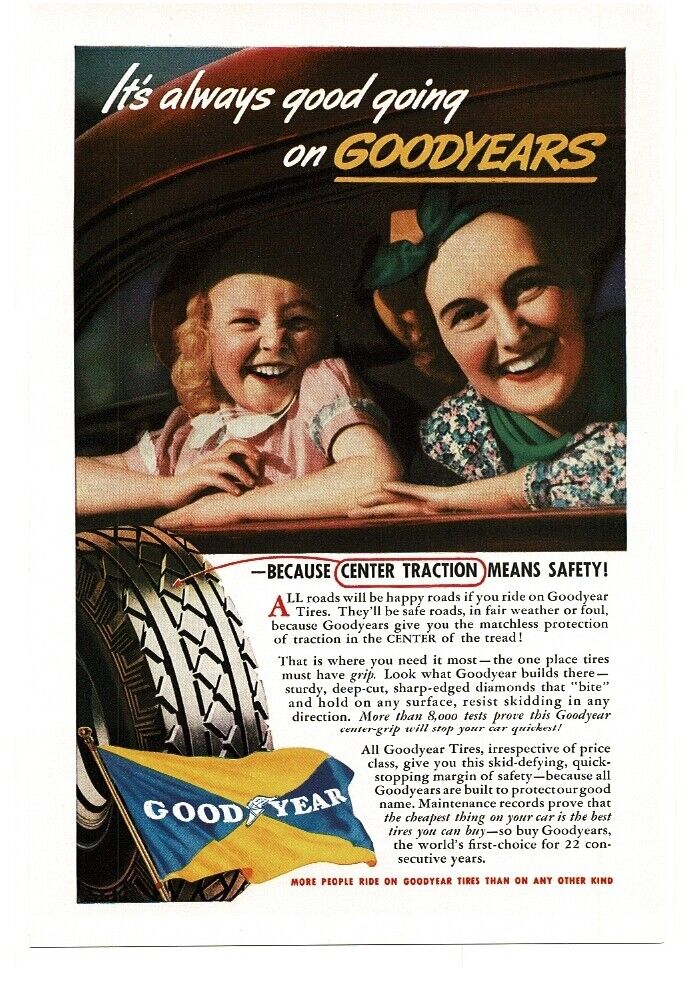 1937 GOODYEAR Tires mom and daughter looking out car window Vintage Print Ad