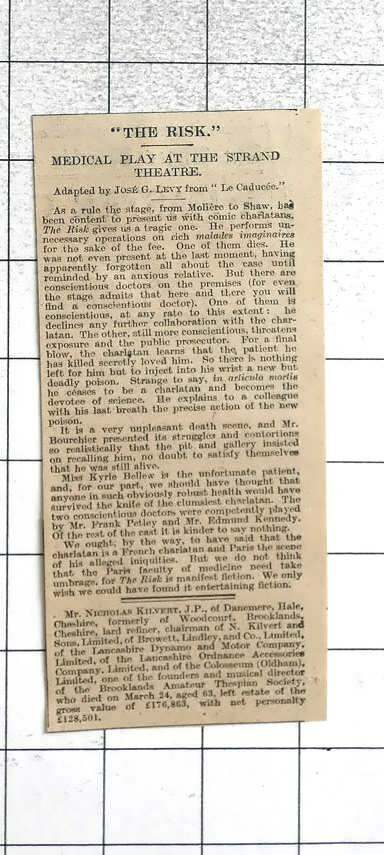 1922 Critics Review Of Medical Play “the Risk” At The Strand Theatre