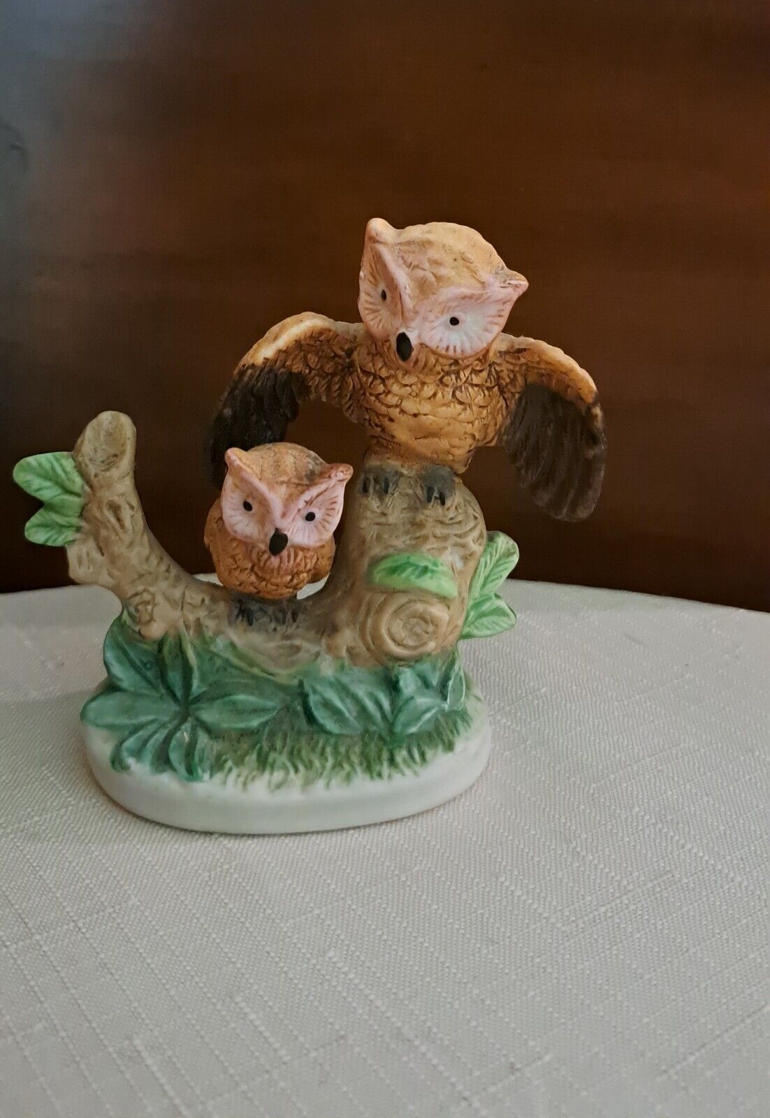 Vintage Hand Painted Mother Owl & Baby Sitting on a Limb Bird Figurine 