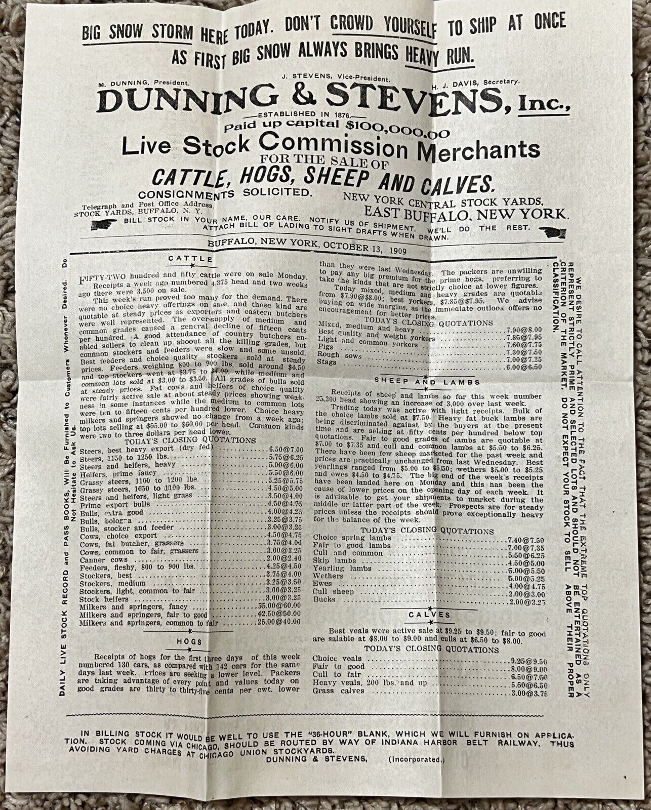 1909 NEW YORK LIVE STOCK AUCTION SHEET \
