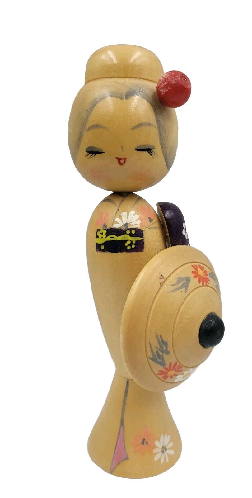 Vintage Traditional Japanese Hand Painted Kokeshi Doll w/ Parasol