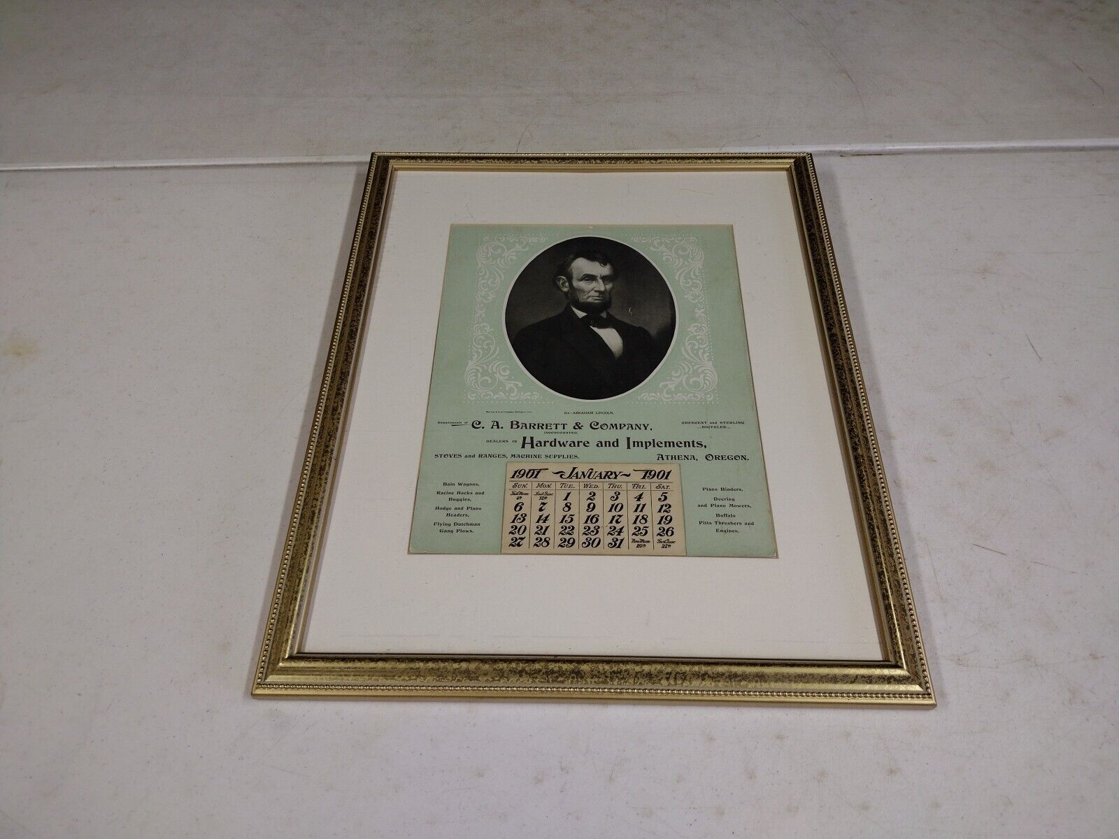 1901 C.A. Barrett & Co. Hardware Imp. Athena OR Advertising Abe Lincoln Calendar