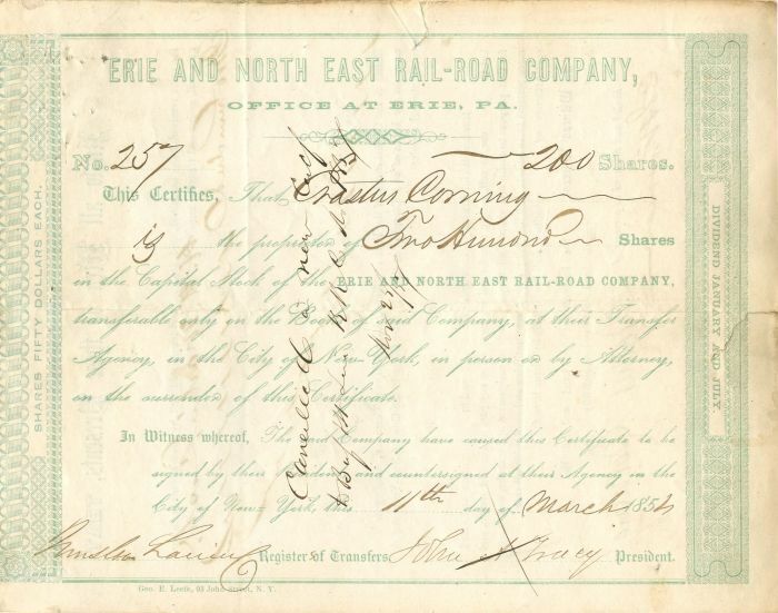 Erastus Corning - Erie and North East Rail-Road Co. - Stock Certificate - Autogr