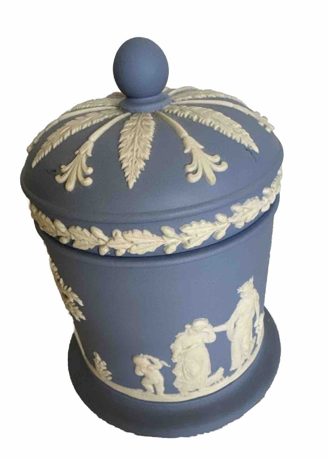 Vintage Wedgwood Light Blue Jasperware With Lid Covered Tobacco Trinket Jar 5”