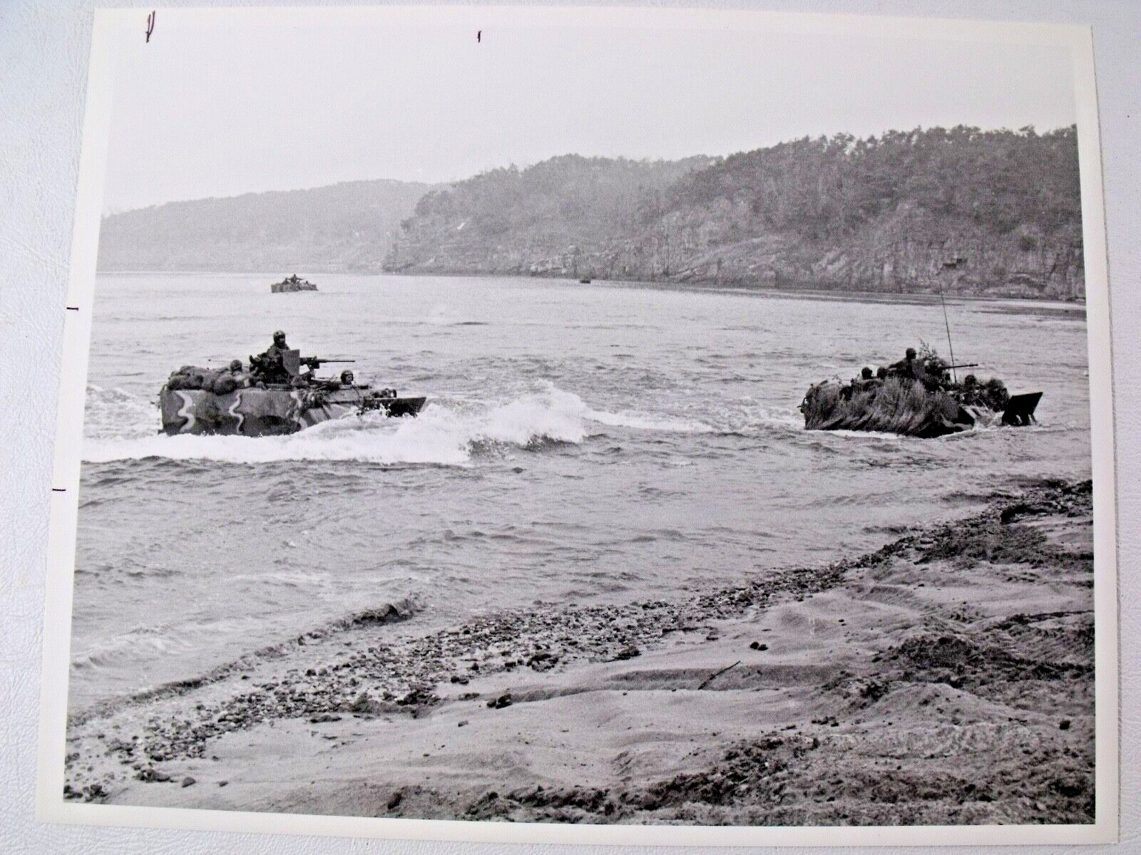 8 x 10 Military Press Photo ARMORED PERSONNEL CARRIERS LANDING ON BEACH 1980