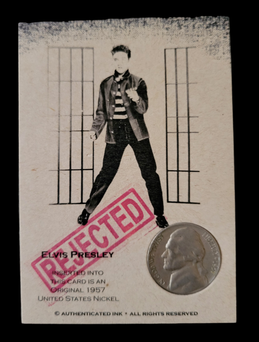 Elvis Presley Authenticated Ink Rejected 1957 Jefferson Nickel Card