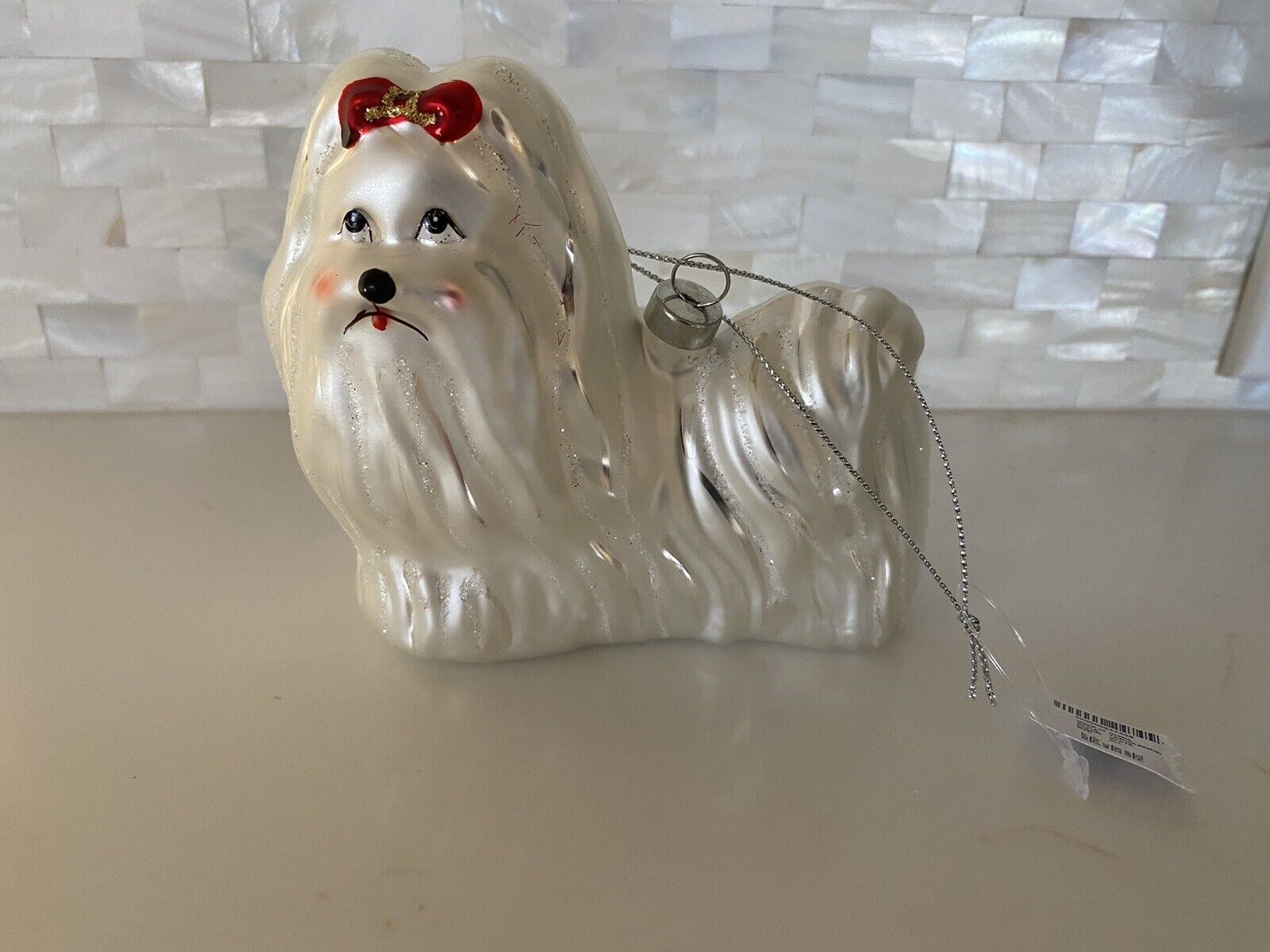 Maltese Dog Red Bow/Glittery Glass Christmas Ornament 4x4.5 “ NEW