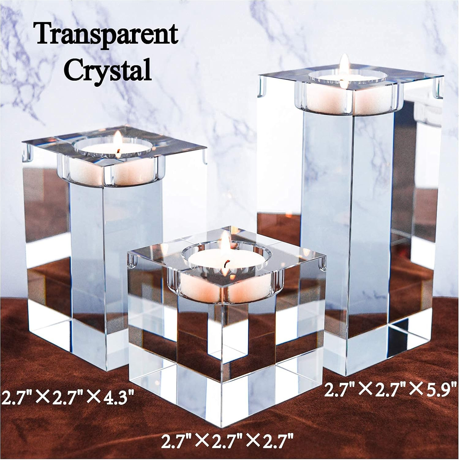 Large Crystal Candle Holders Set of 3, 2.7/4.3/5.9 Inches, Prepackaged Huge Big 