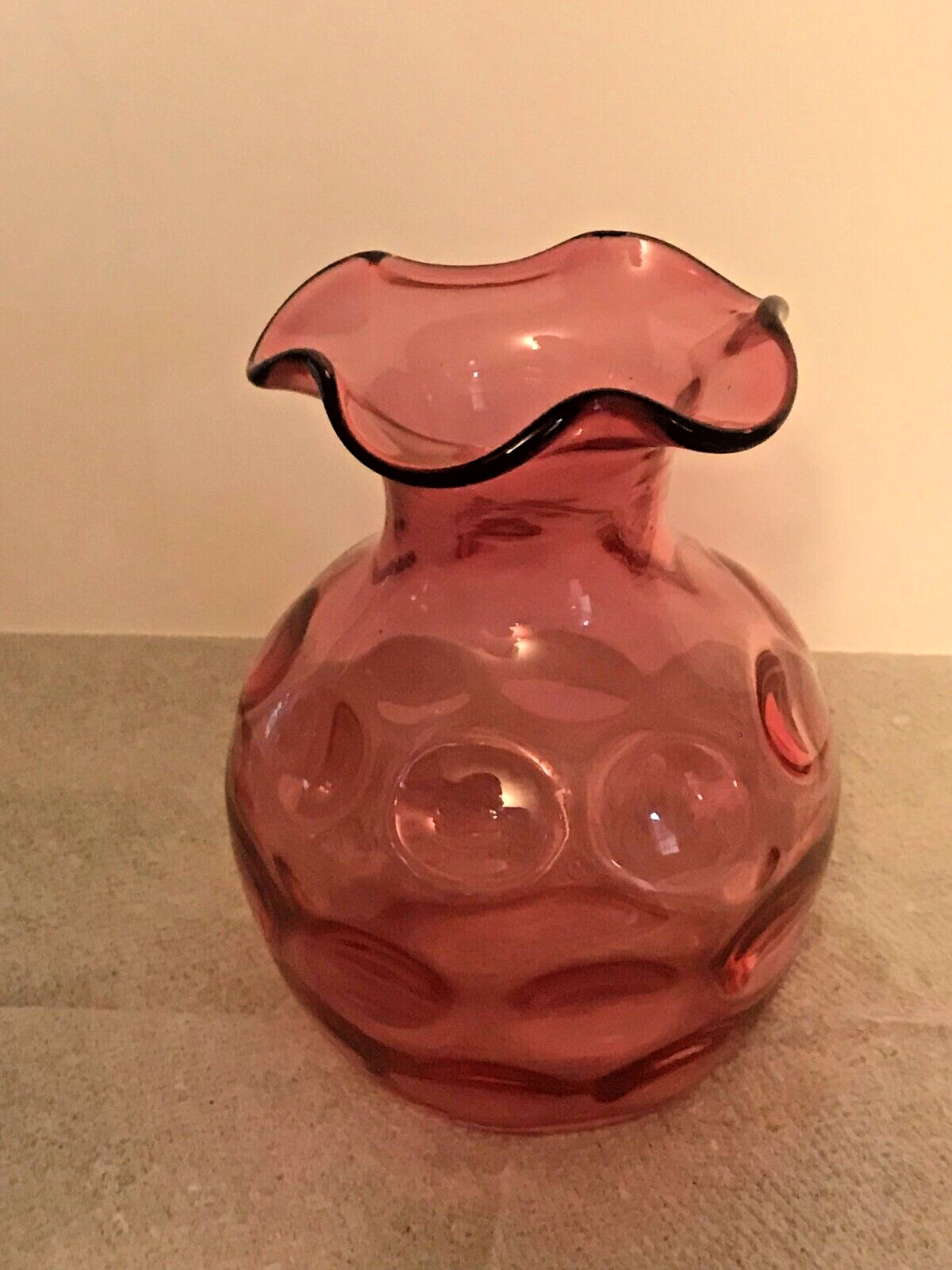 Vintage Cranberry Art Glass Optic Coin Dot Vase Ruffled Edge