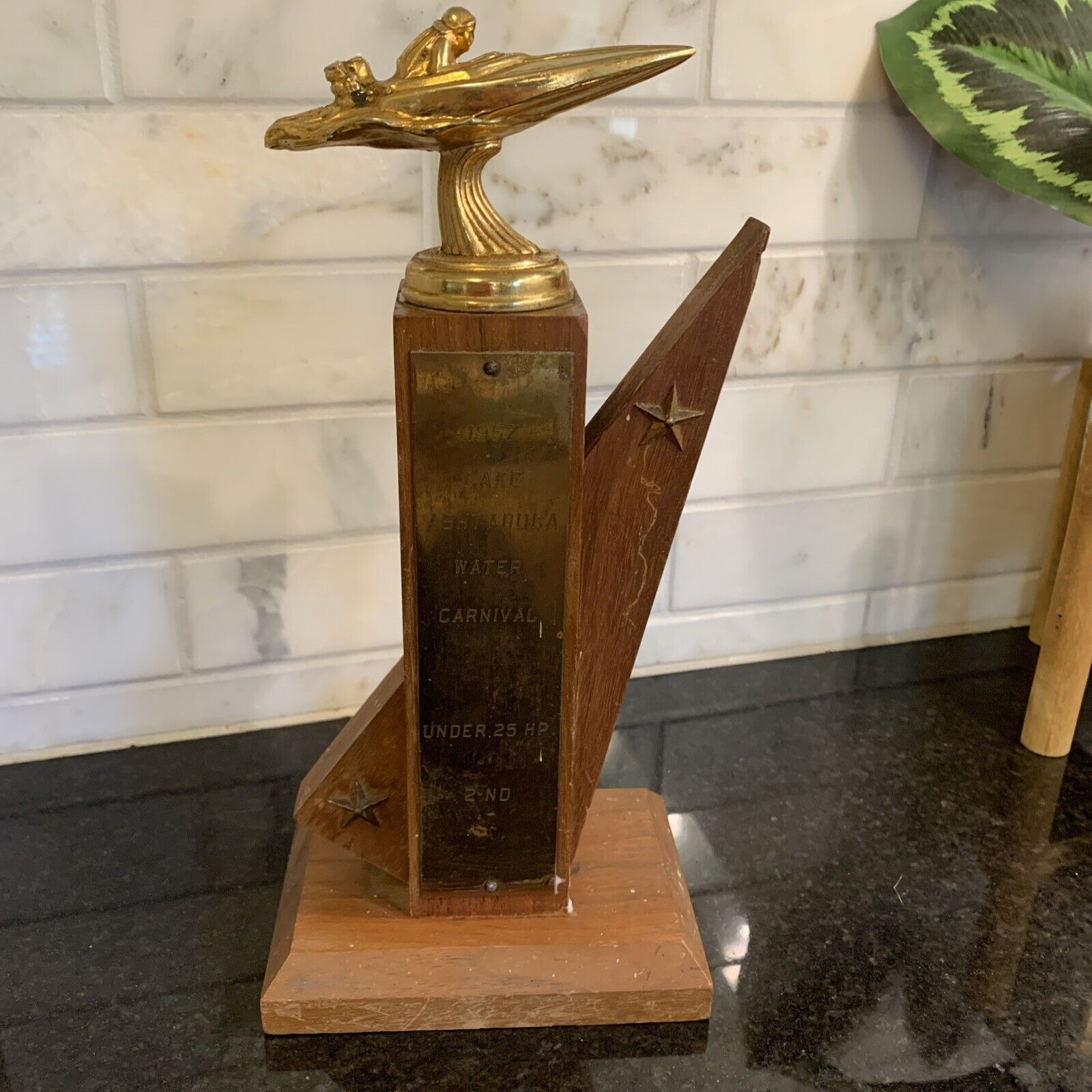 MCM Speed Boat Trophy  Man OutboardBoat 1950s Rare Topper Brass Large Heavy