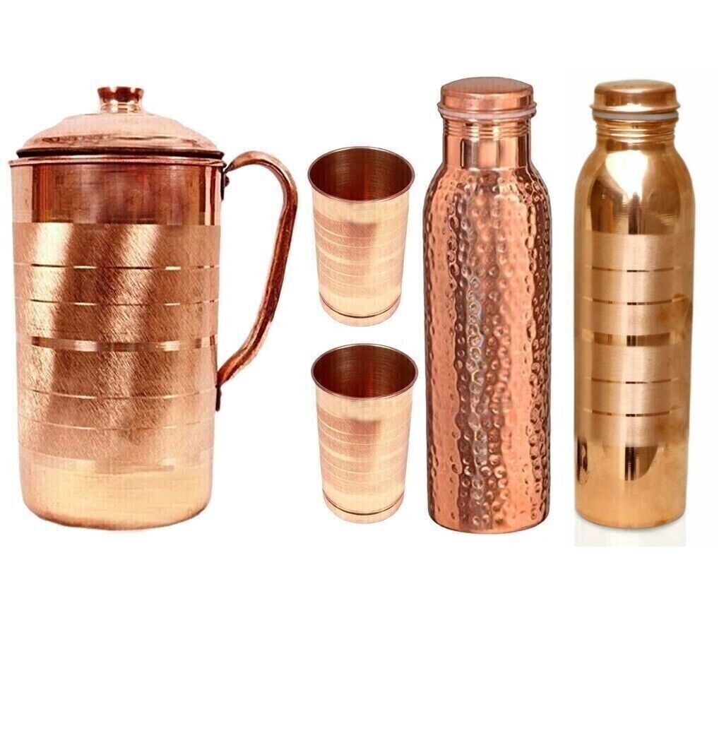 Pure Copper Handmade Water Pitcher Jug with Tumbler & Bottle for Health Benefits