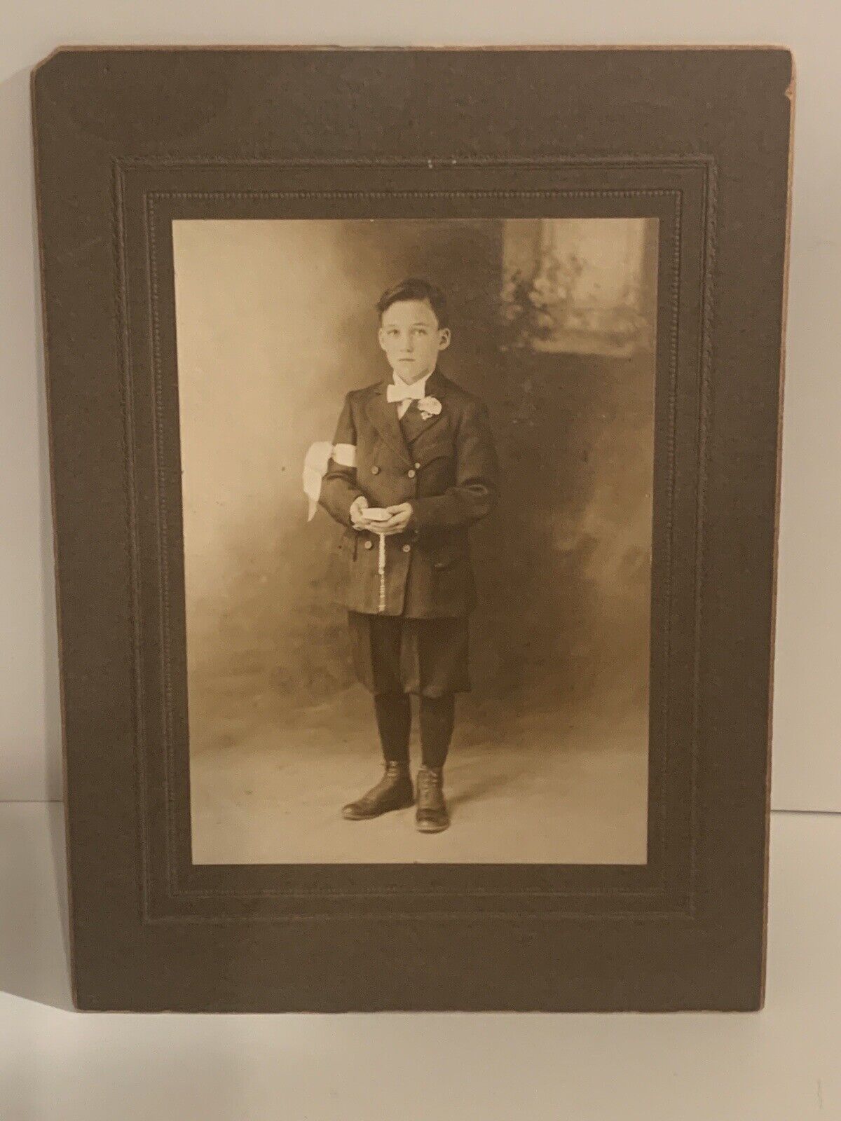 Antique Cabinet Card Young Boy Wearing Suit With Bow Tie 6” x 8”
