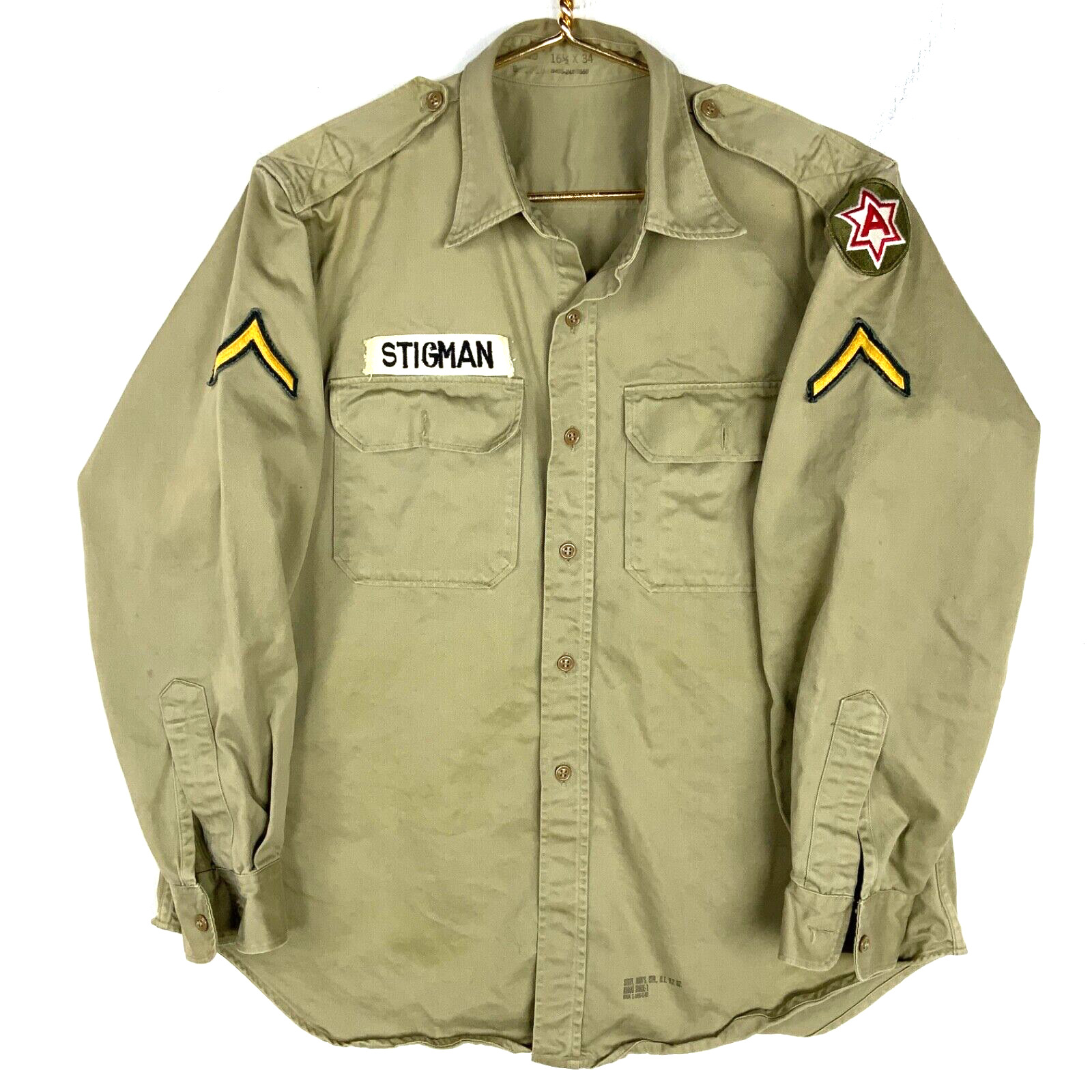 Vintage Us Army Og-107 Button Up Shirt Size 16.5x34 Yellow 1962 Vietnam Era 60s