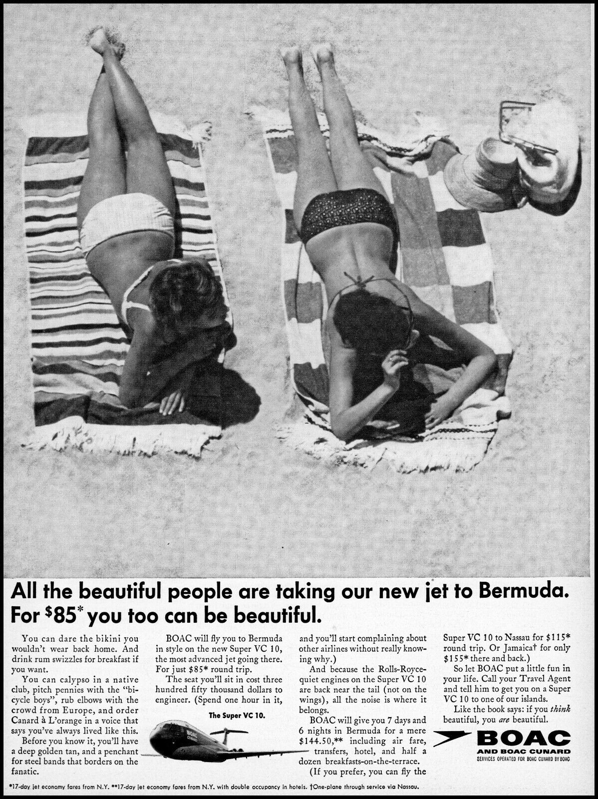 1966 BOAC Bikinied girls sunbath Bermuda VC 10 airplane retro photo print ad S30