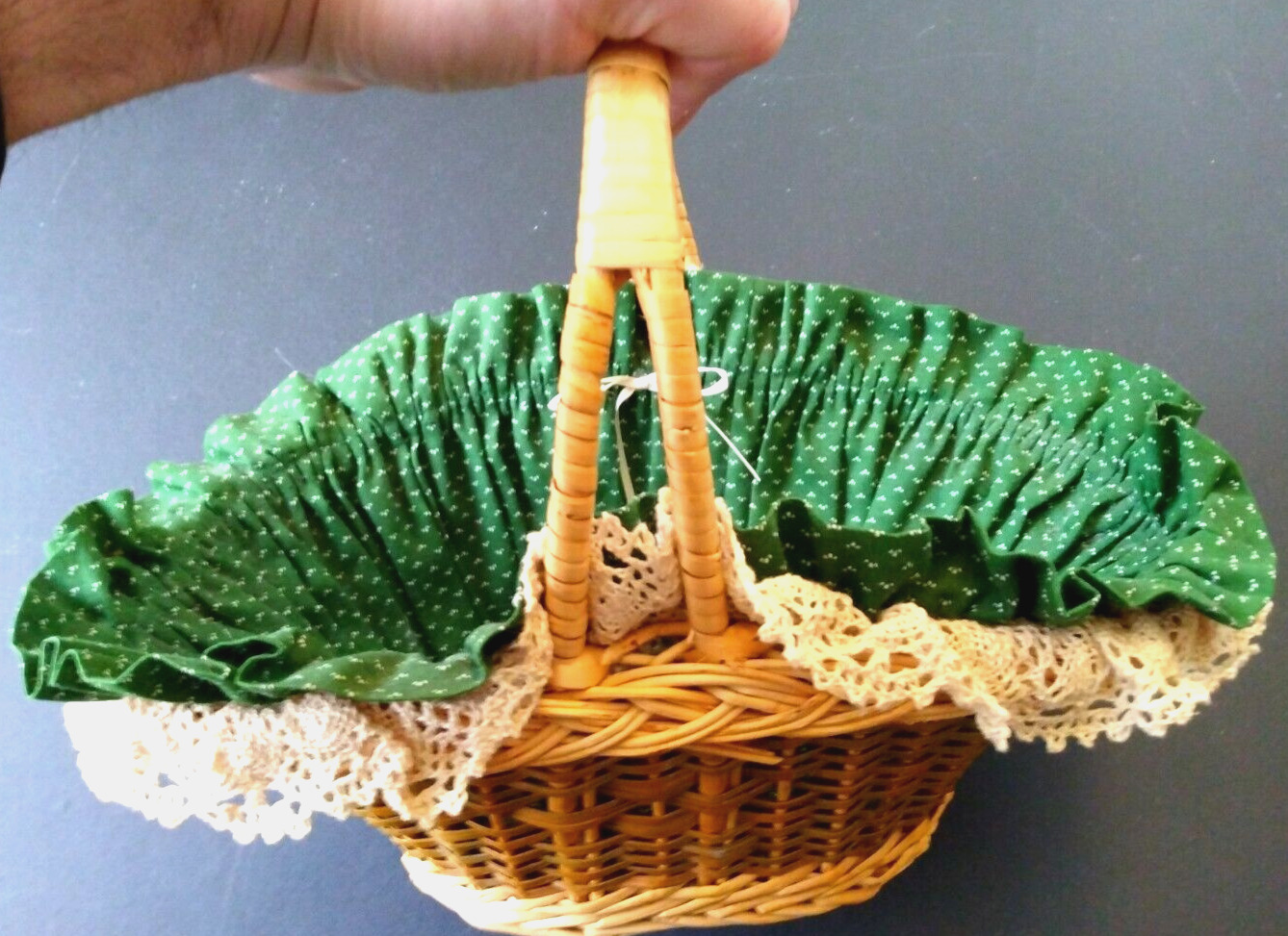 Vintage Handmade Wicker Basket Cloth Doile Doily Ribbon Green Woven Handle