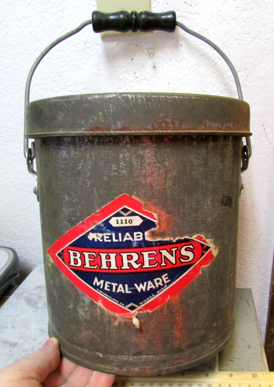 Vintage large metal Behrens Metal ware bucket, with lid & handle w/ wood grip