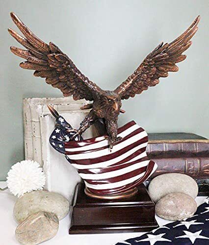 Ebros Bald Eagle With American Flag Bronze Electroplated Figurine With Base