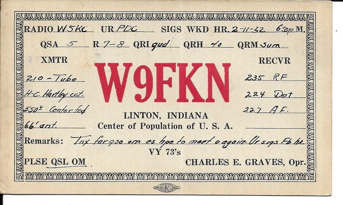 QSL  1932 Linton Indiana   radio card