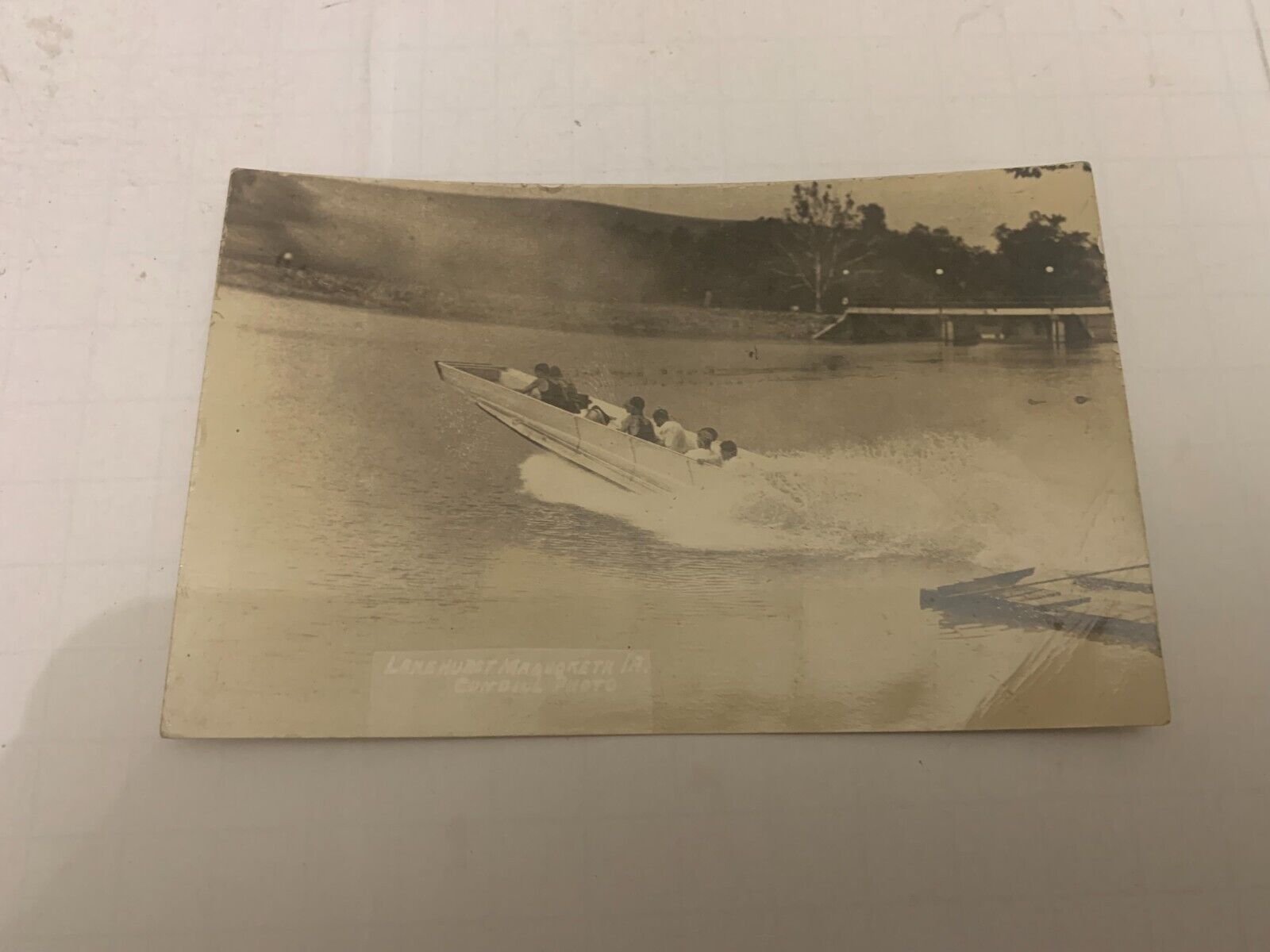 c.1910 Lakehurst Maquoketa Iowa Real Photo Postcard People in Motor Boat RPPC