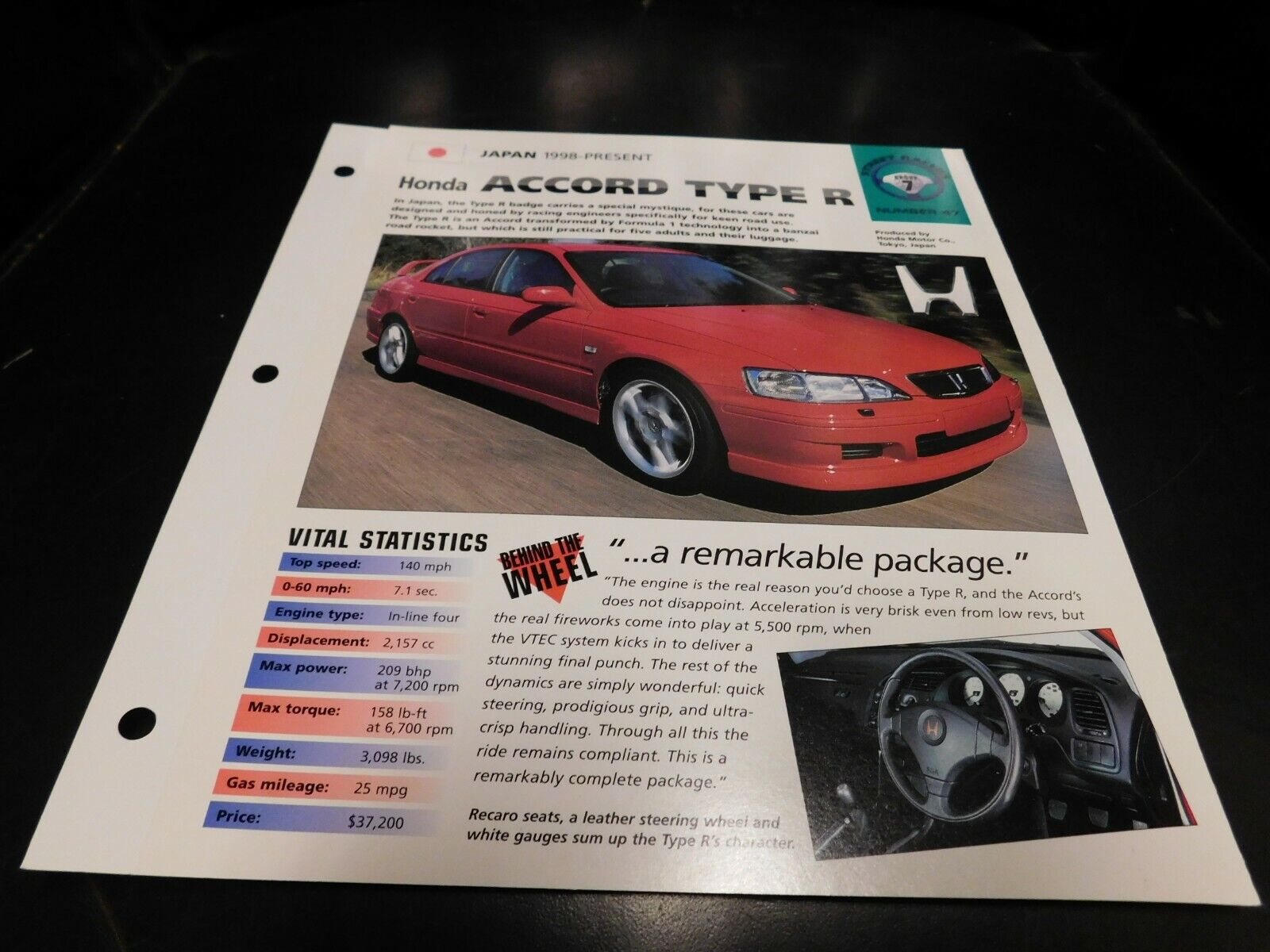 1998+ Honda Acord Type R Spec Sheet Brochure Photo Poster 