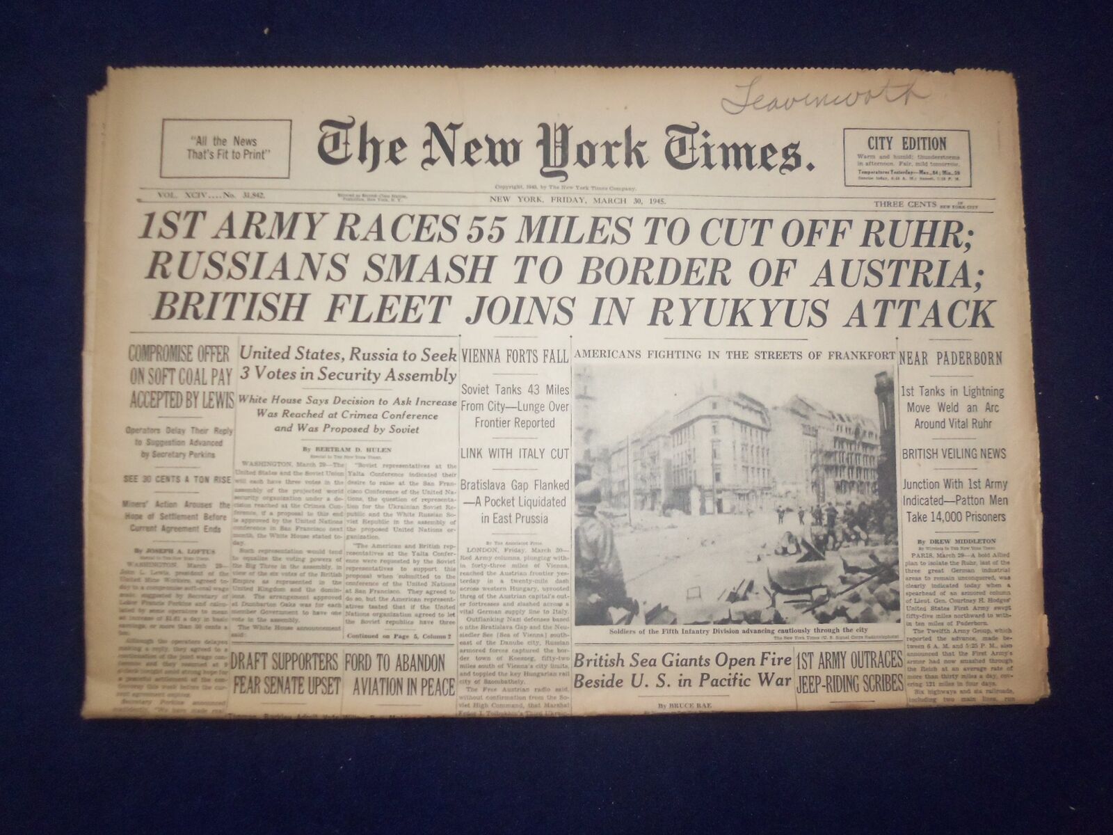 1945 MARCH 30 NEW YORK TIMES - 1ST ARMY RACES 55 MILES TO CUT OFF RUHR - NP 6681