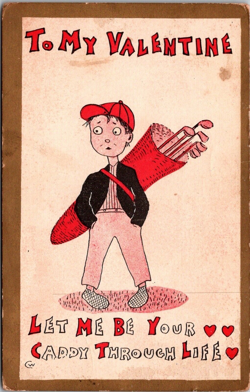 1910 Golf Caddy Valentine Victorian Postcard Hearts Golf JB8