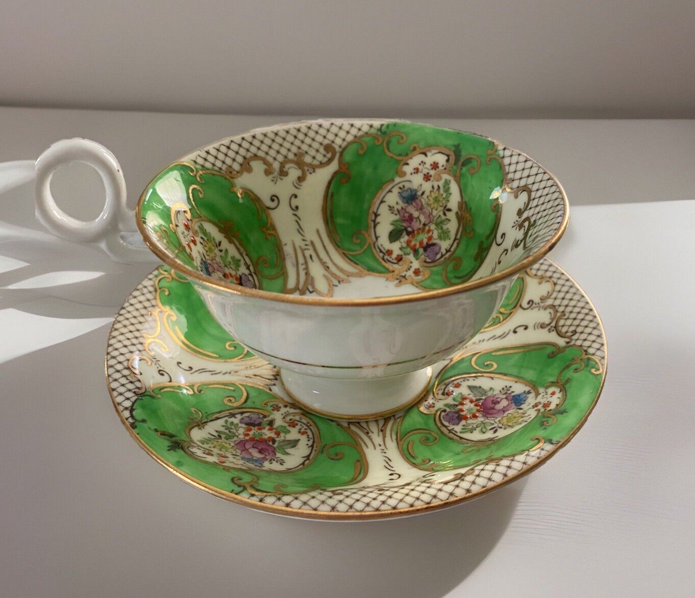 Vintage REGENT FENTON TEA CUP SAUCER - Green & FLOWERS English Bone China