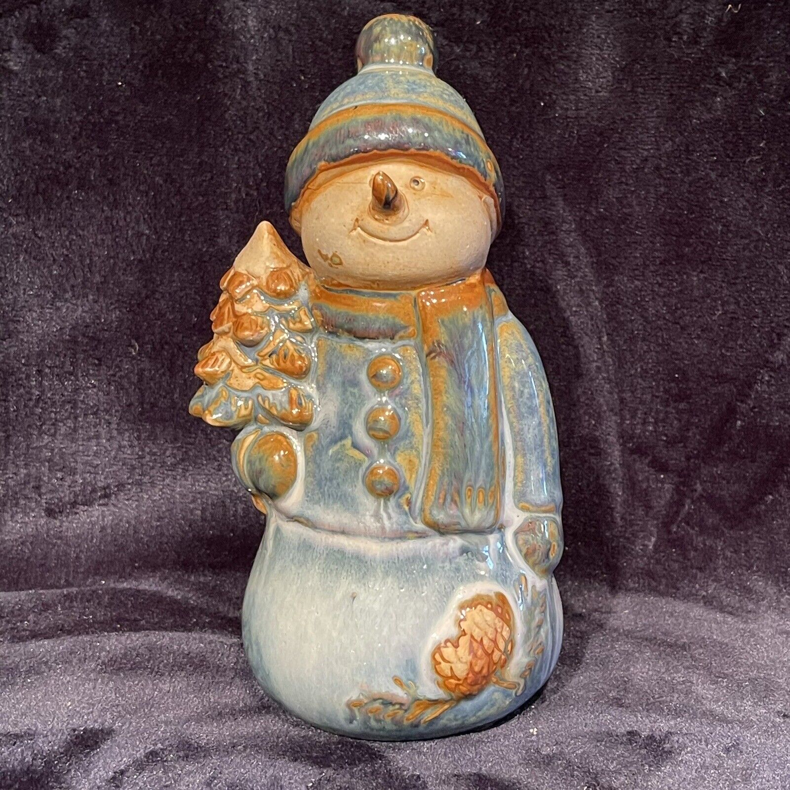 Country Snowman Figurine Beautiful blue W His Tree 7.75” T X 3.75”W Christmas
