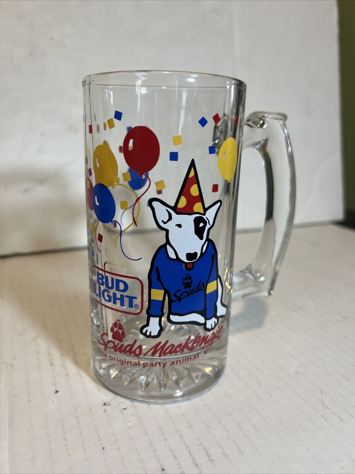 Vintage 1987 Spuds Mackenzie Glass Mug Bud Light Beer The Original Party Animal